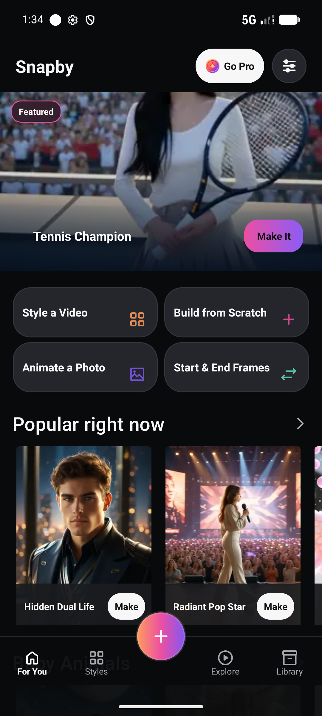 Snapby For You screen with video styles and creation shortcuts